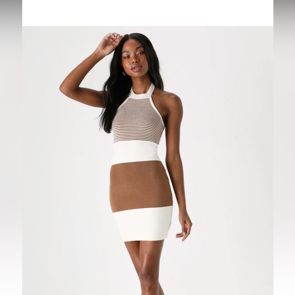 Large, never worn. Lulus brown and white halter dress!